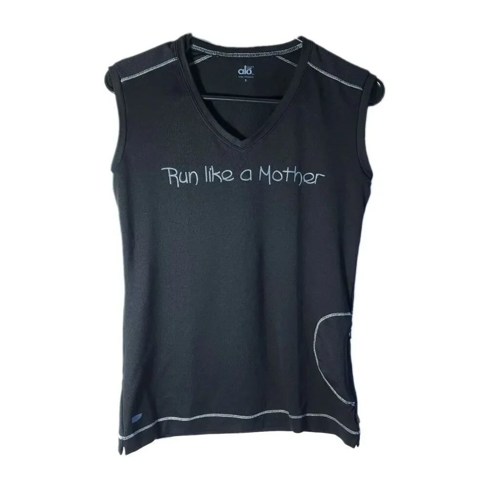 ALO Coolfit Women's Small Black Logo V-Neck Pocket Sleeveless Tank Shirt